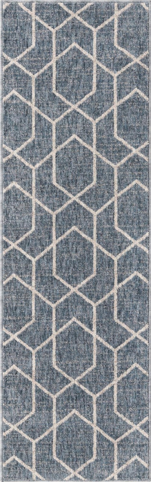 2' x 6' Glenwood · Geometric trellis rug, blue and ivory