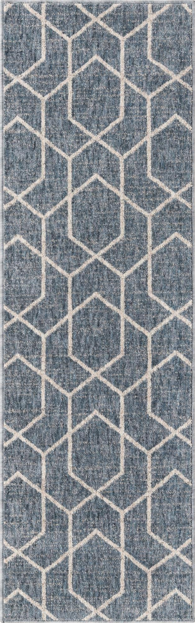 2' x 6' Glenwood · Geometric trellis rug, blue and ivory
