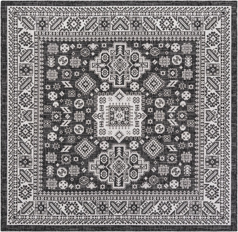 6' x 6' Bellamy · Tribal medallion Outdoor Rug, charcoal and ivory