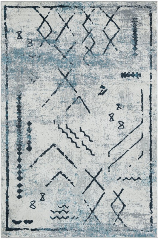 5' 3 x 8' Platt · Tribal geometric Washable Rug, blue and ivory