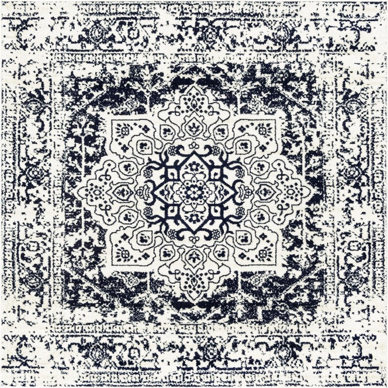 7' 10 x 7' 10 Birch · Distressed medallion rug, blue and ivory