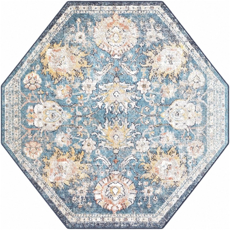 Ansel · Distressed floral rug, blue and tan