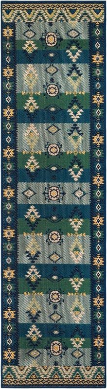 2' 7 x 10' Wilcox · Border Outdoor Rug, blue and green