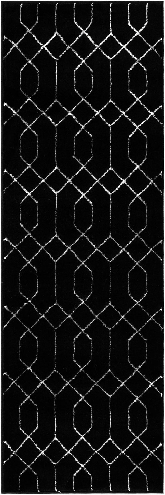 2' x 6' Cowley · Geometric trellis rug, black and silver