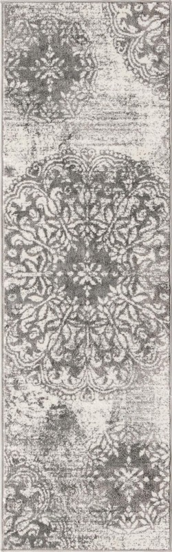 2' x 6' 7 Blakemore · Distressed medallion rug, gray and ivory