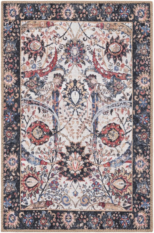Starr · Floral Washable Rug, ivory and black