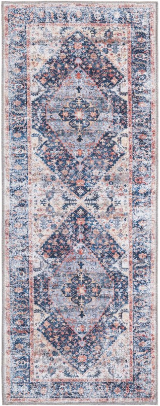 Trillium · Distressed medallion Washable Rug, navy and pink