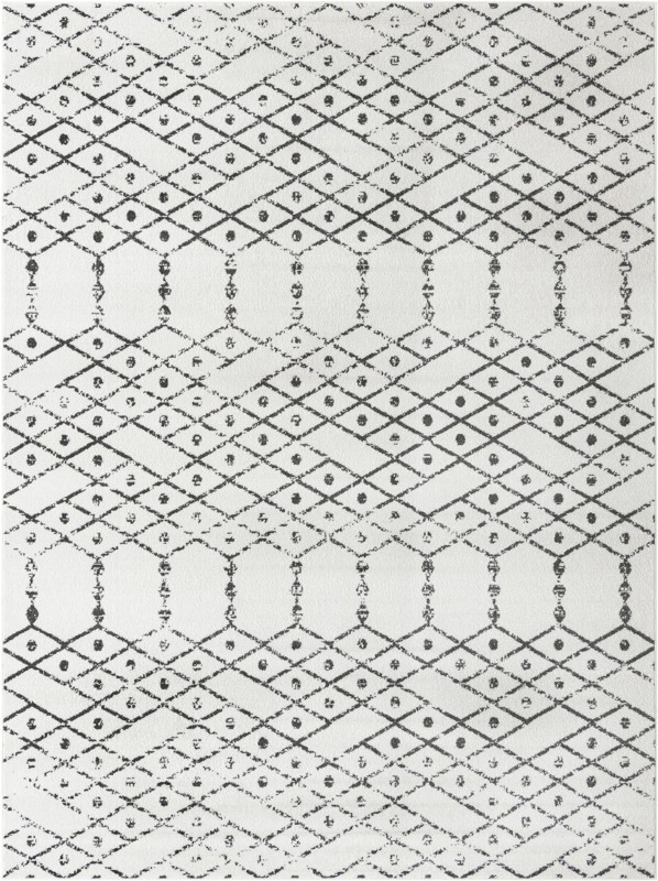 9' x 12' Newcomb · Geometric lattice rug, ivory and charcoal