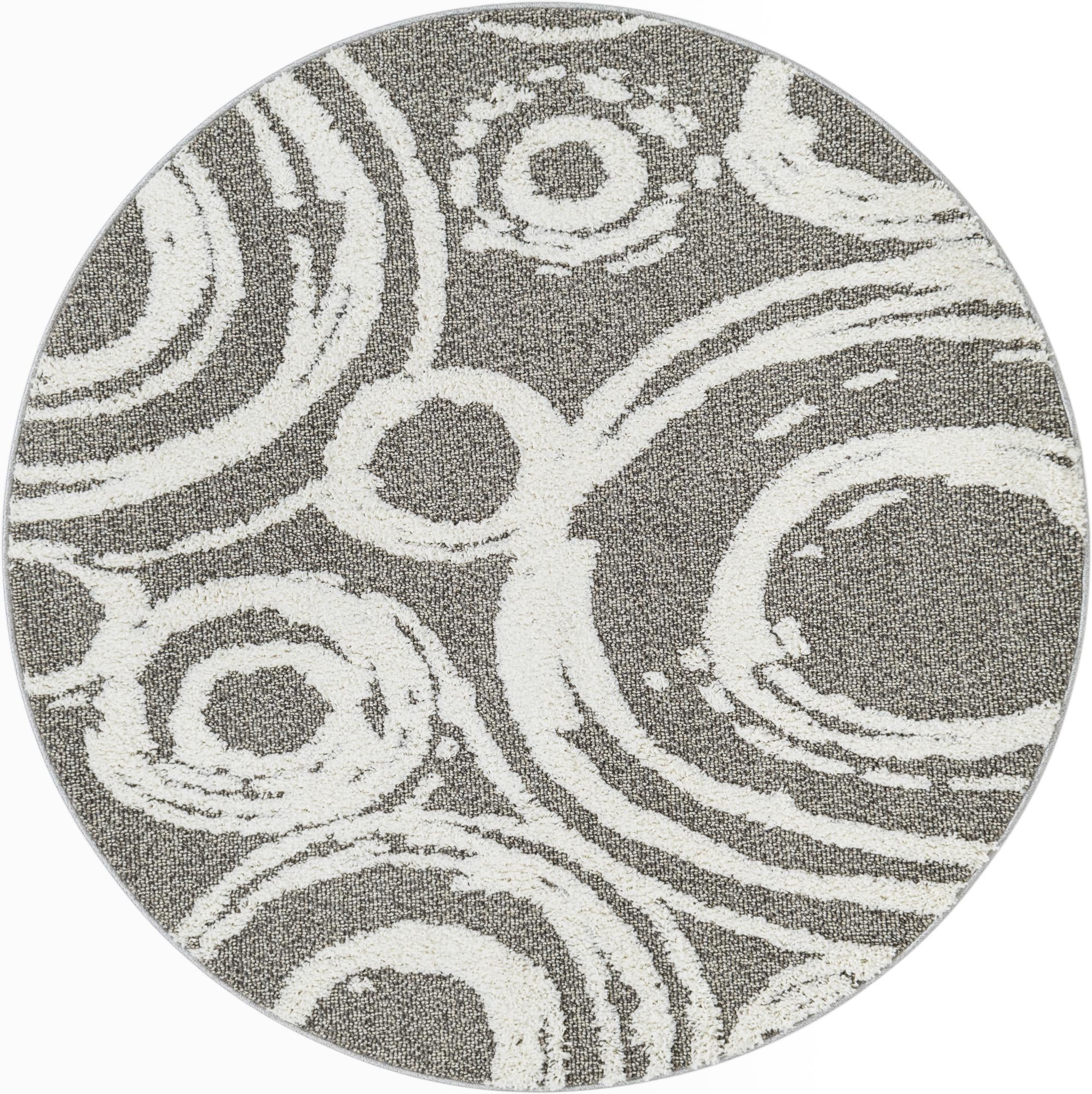 5' 3 x 5' 3 Beech · Abstract circles rug, gray and ivory