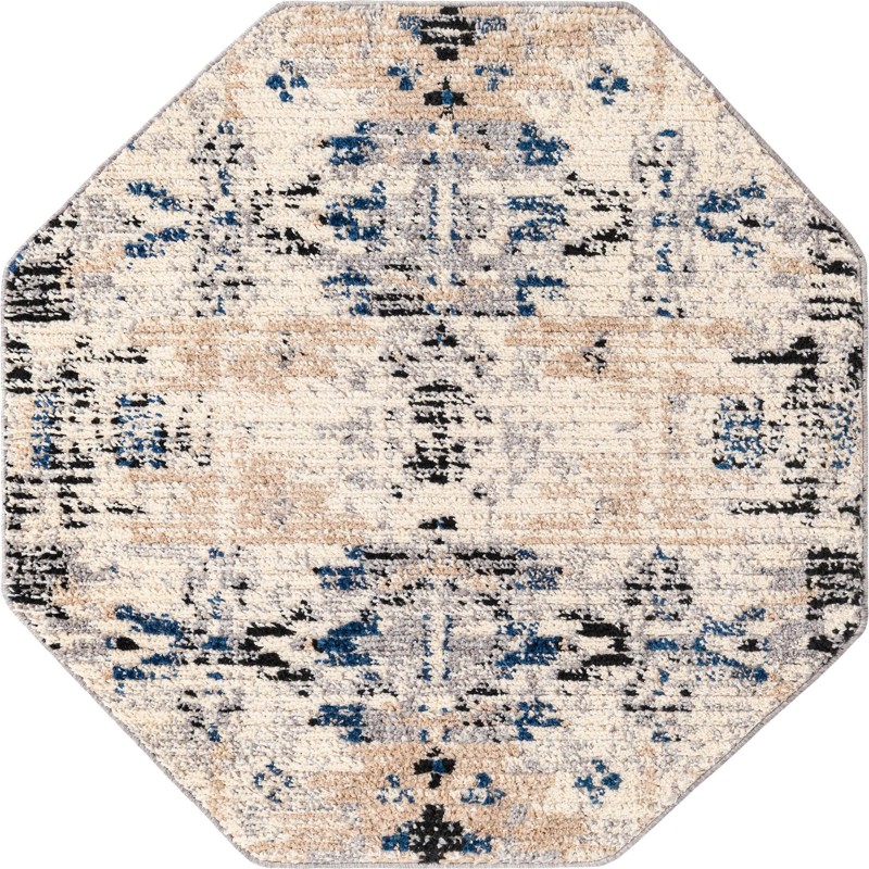 4' x 4' Littleton · Tribal medallion rug, ivory and blue
