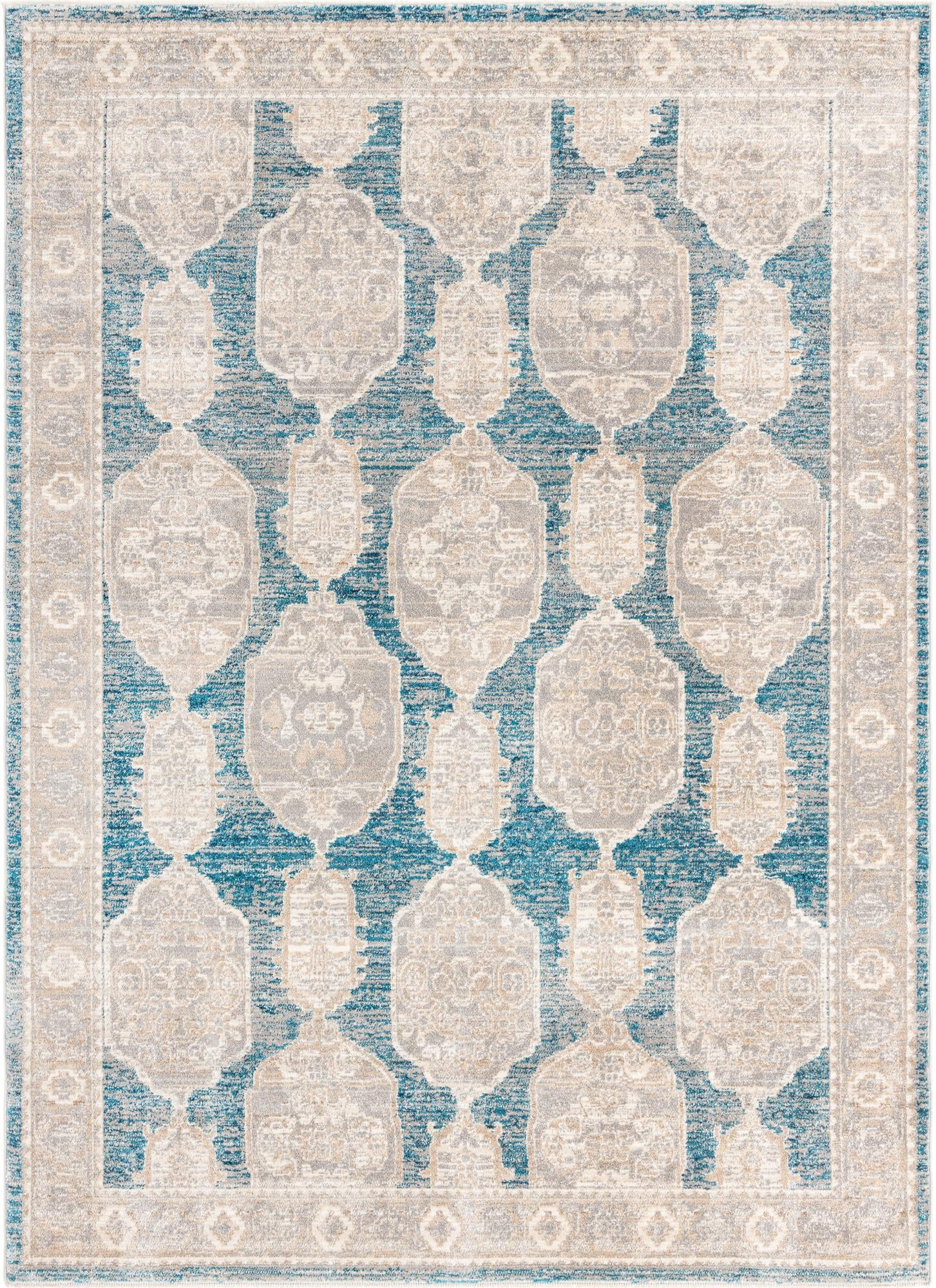 7' x 10' 2 Pullman · Distressed medallion rug, blue and beige