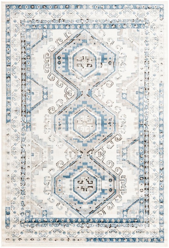 6' x 9' Harmon · Geometric medallion rug, aqua and ivory