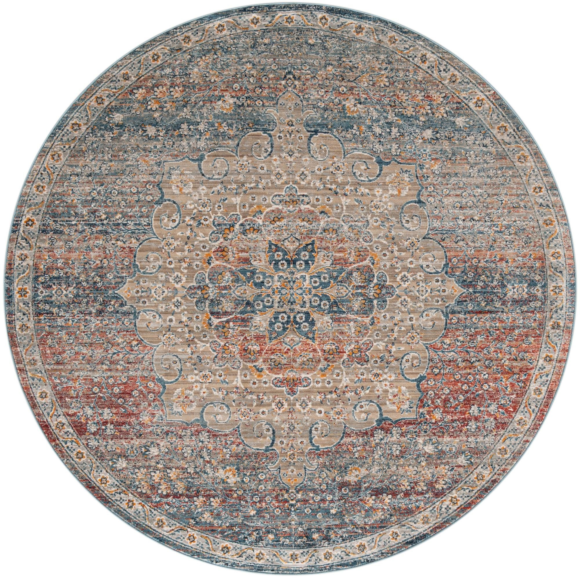 6' x 6' Stanford · Distressed medallion rug, blue and rust