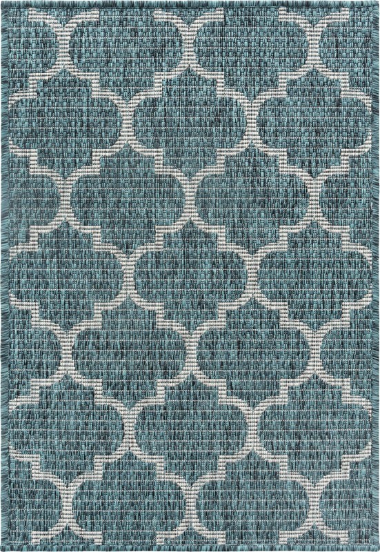 2' x 3' Fanshawe · Lattice Outdoor Rug, teal and gray