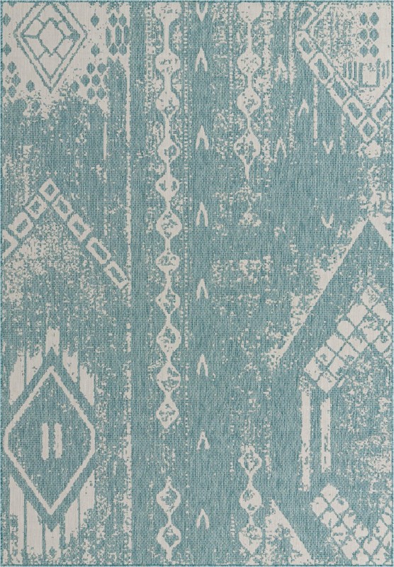 7' x 10' Wildman · Tribal geometric Outdoor Rug, aqua and ivory