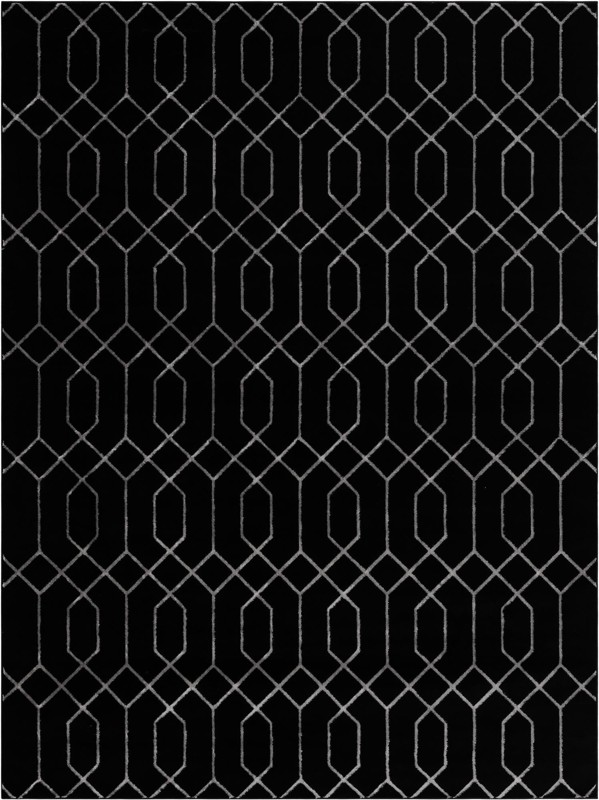 9' x 12' Cowley · Geometric trellis rug, black and silver