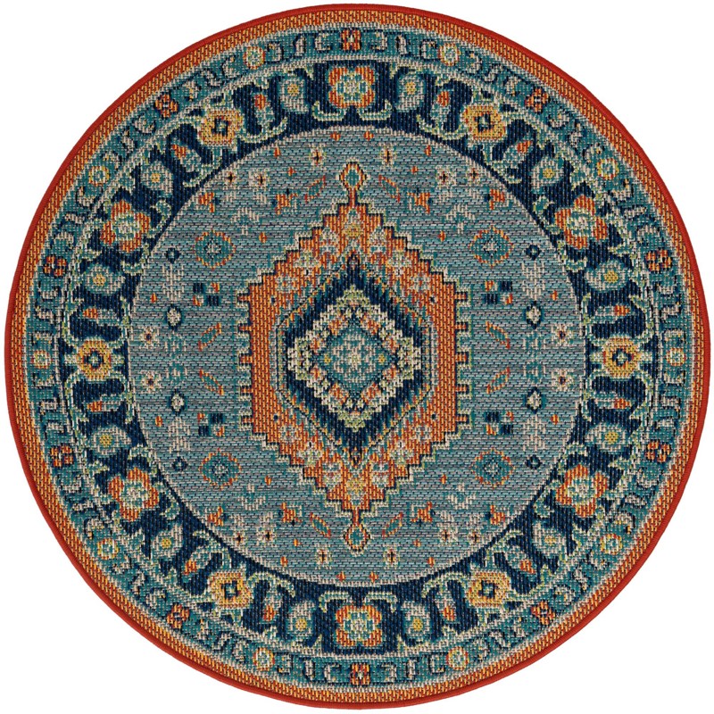 4' x 4' Emmeline · Geometric medallion Outdoor Rug, blue and rust