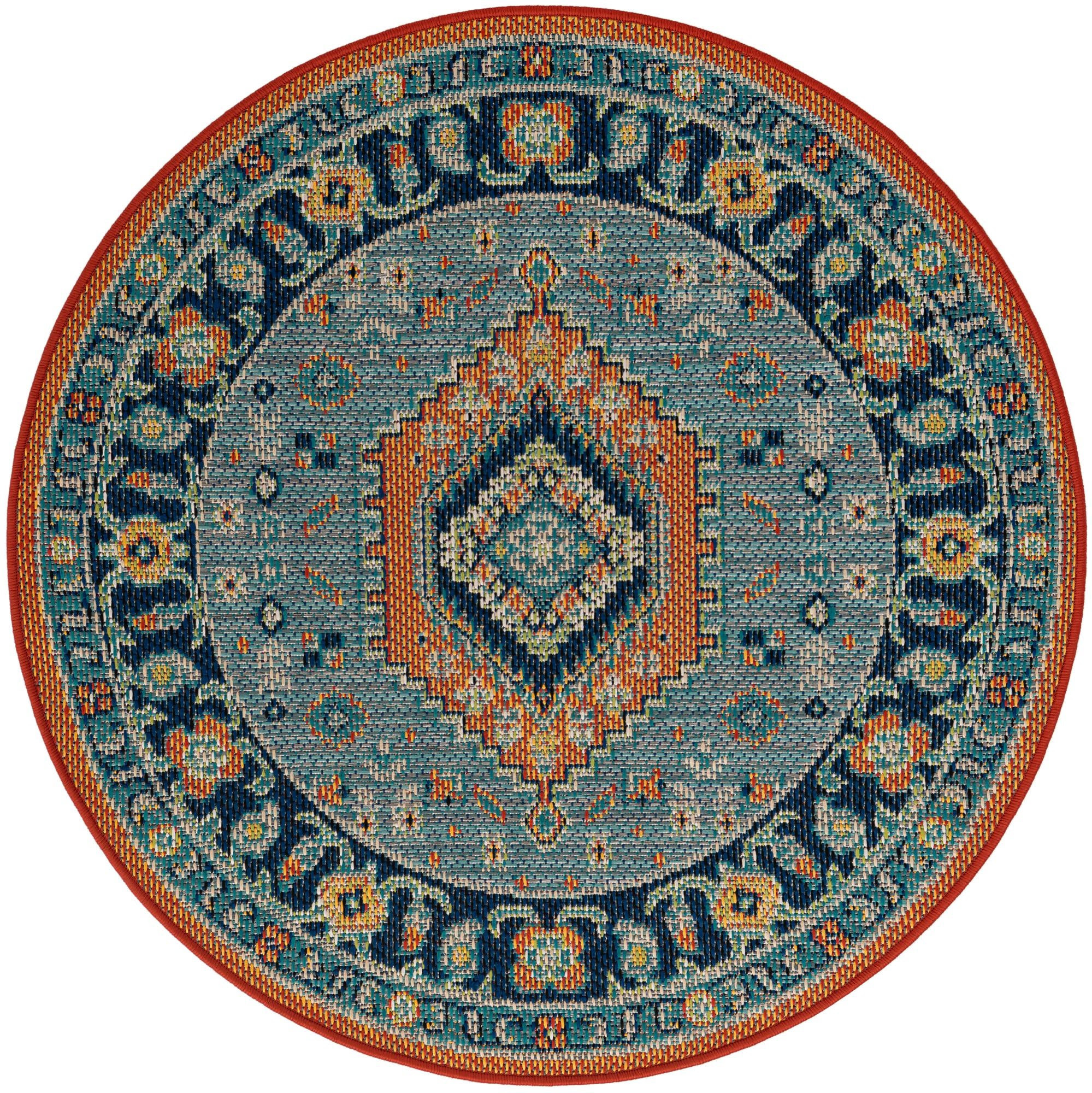 4' x 4' Emmeline · Geometric medallion Outdoor Rug, blue and rust