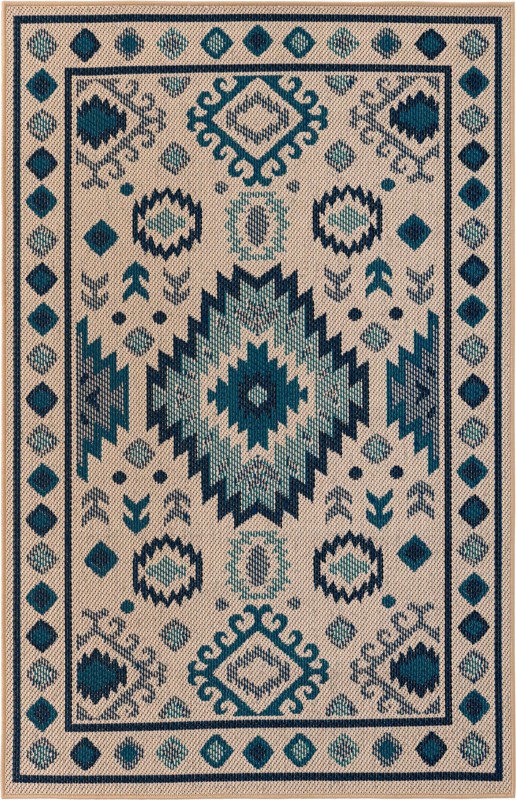 4' x 6' Whitfield · Geometric tribal Outdoor Rug, beige and blue