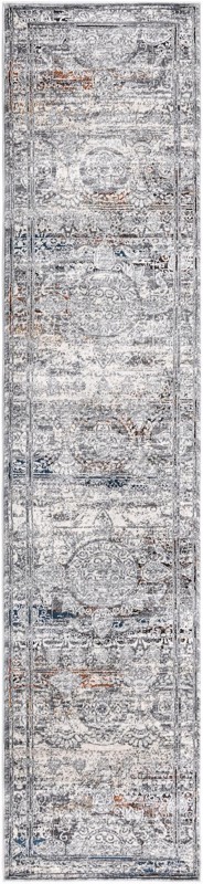 2' x 9' 10 Thrupp · Distressed medallion rug, gray and orange
