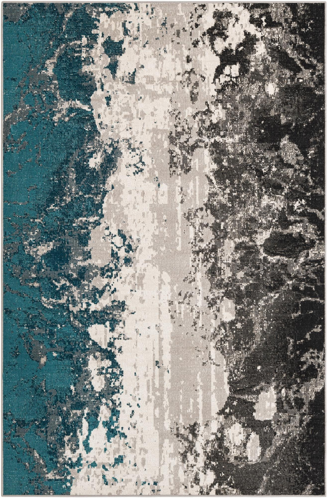 5' 3 x 8' Bittern · Abstract rug, teal, gray and ivory