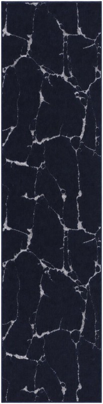 2' x 8' Ravenhill · Abstract marble rug, navy and silver