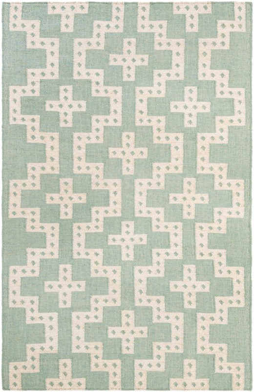5' 1 x 8' Earley · Geometric Wool Rug, teal and white