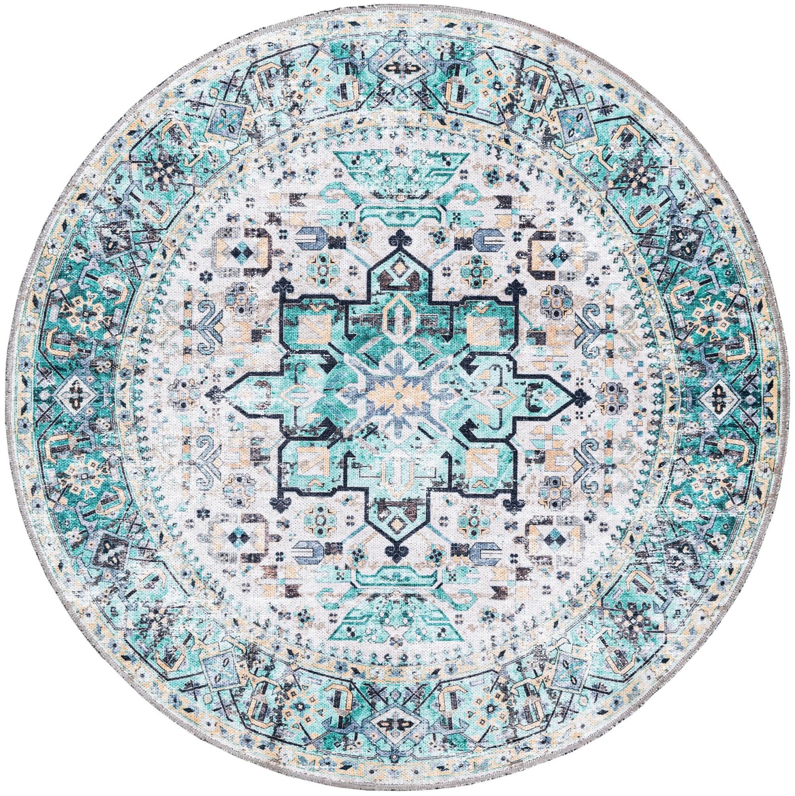 4' x 4' Tatlock · Medallion Washable Rug, aqua and ivory