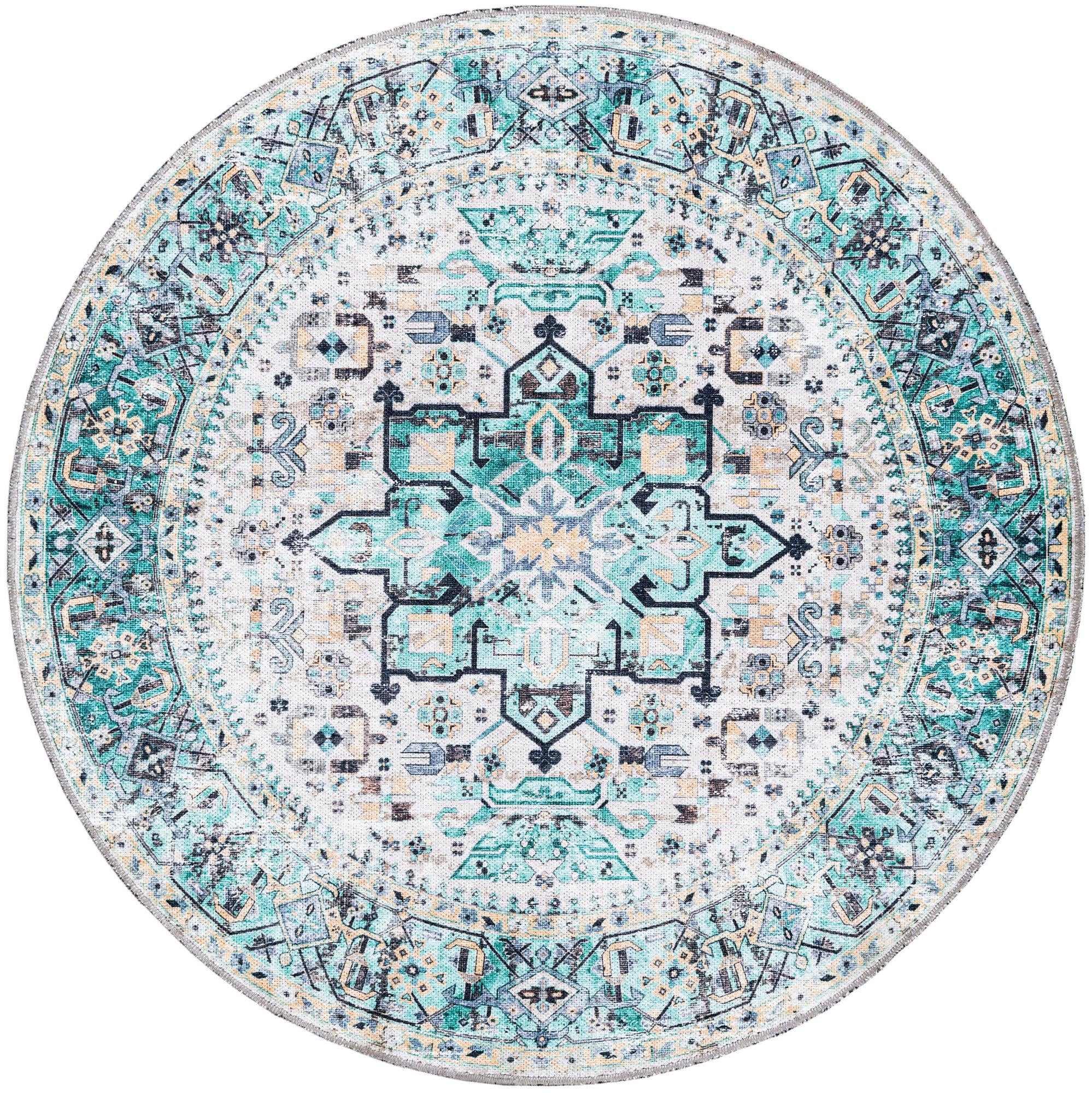 4' x 4' Tatlock · Medallion Washable Rug, aqua and ivory
