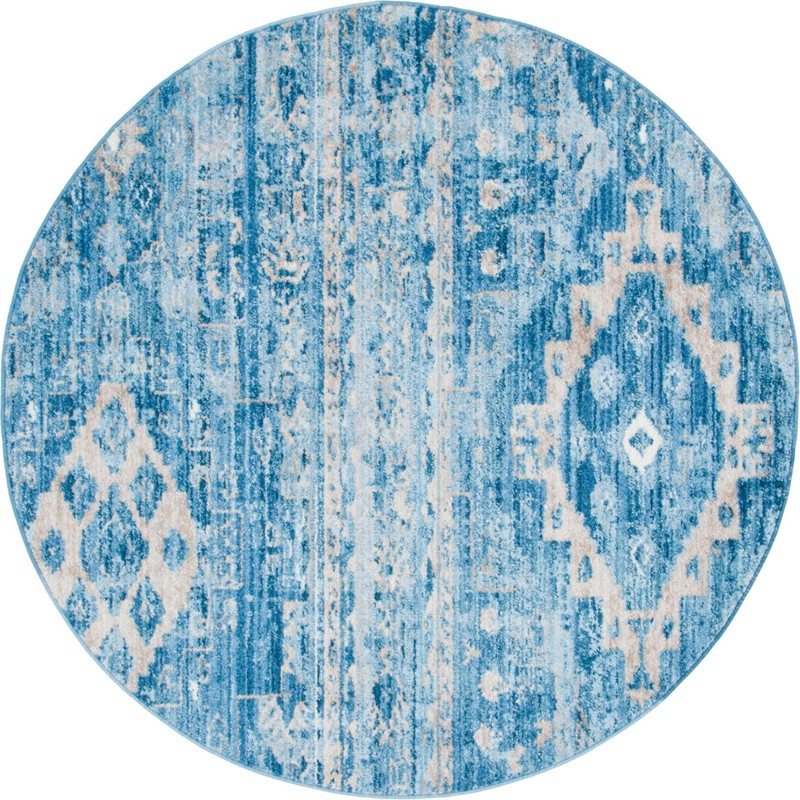 5' x 5' Quinn · Distressed diamond rug, blue and beige