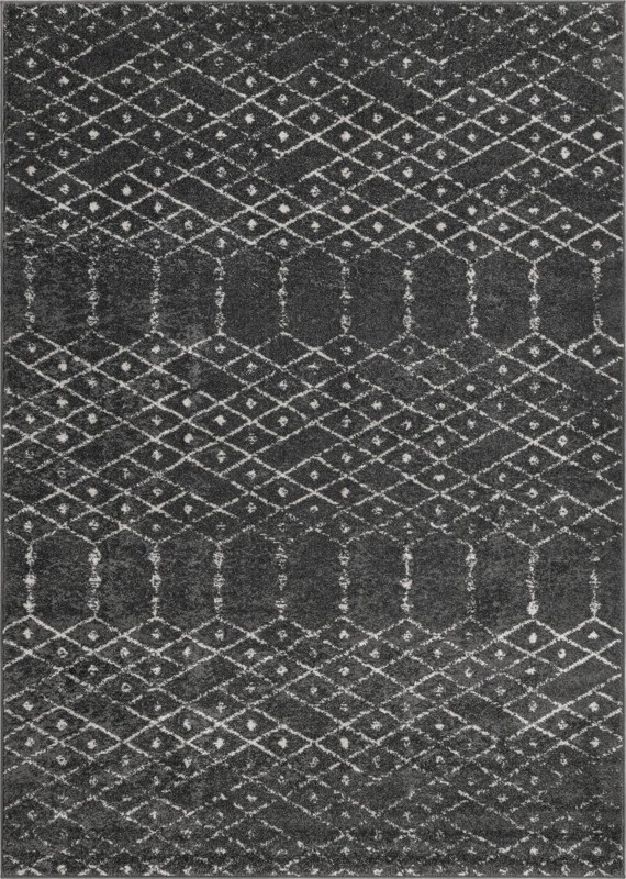 7' x 10' Newcomb · Geometric lattice rug, charcoal and ivory