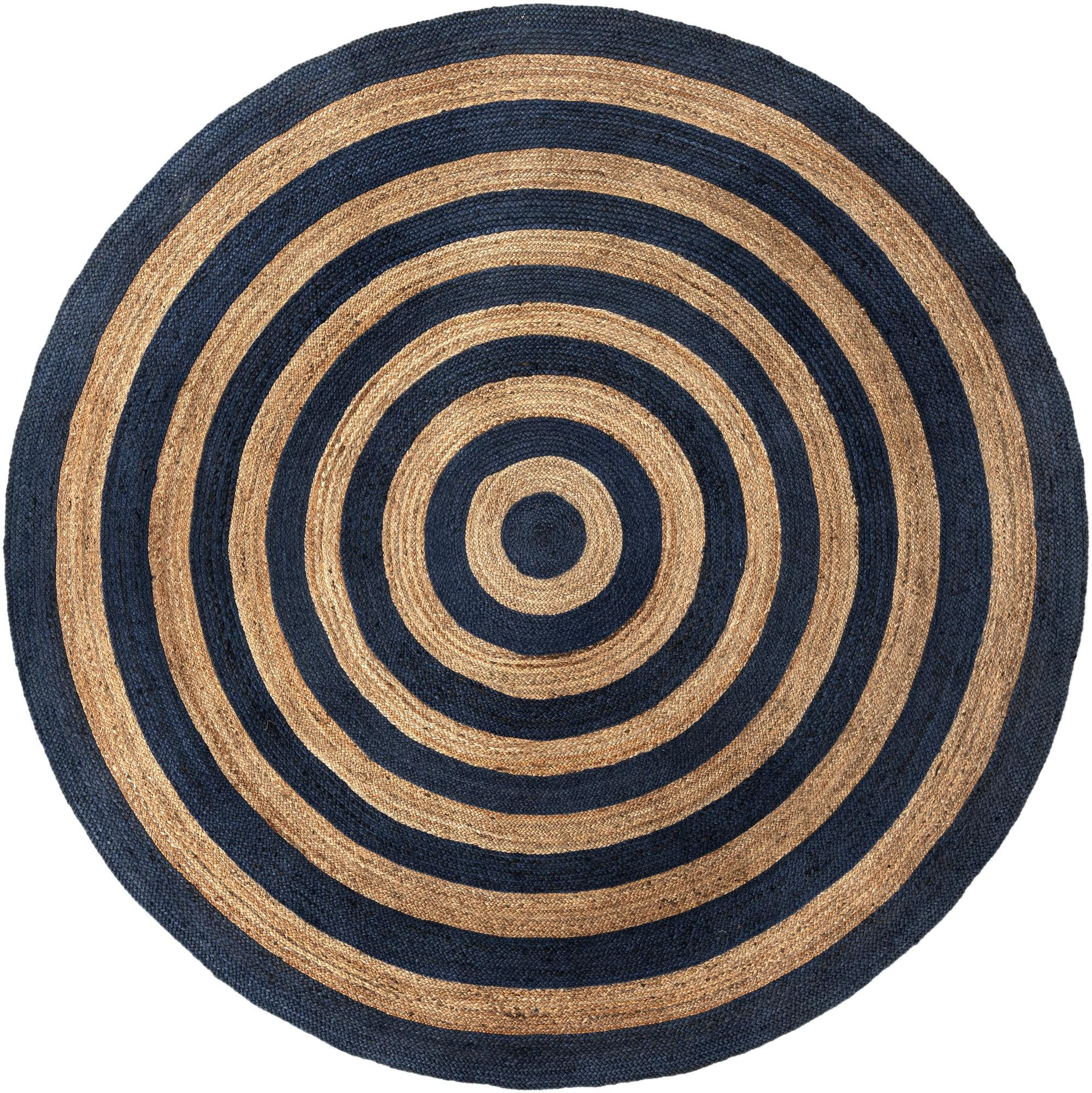 10' x 10' Goodwin · Concentric stripe Braided Jute Rug, navy and natural