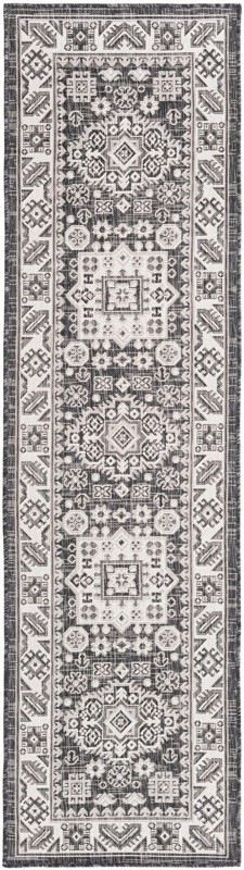 2' x 8' Bellamy · Tribal medallion Outdoor Rug, charcoal and ivory