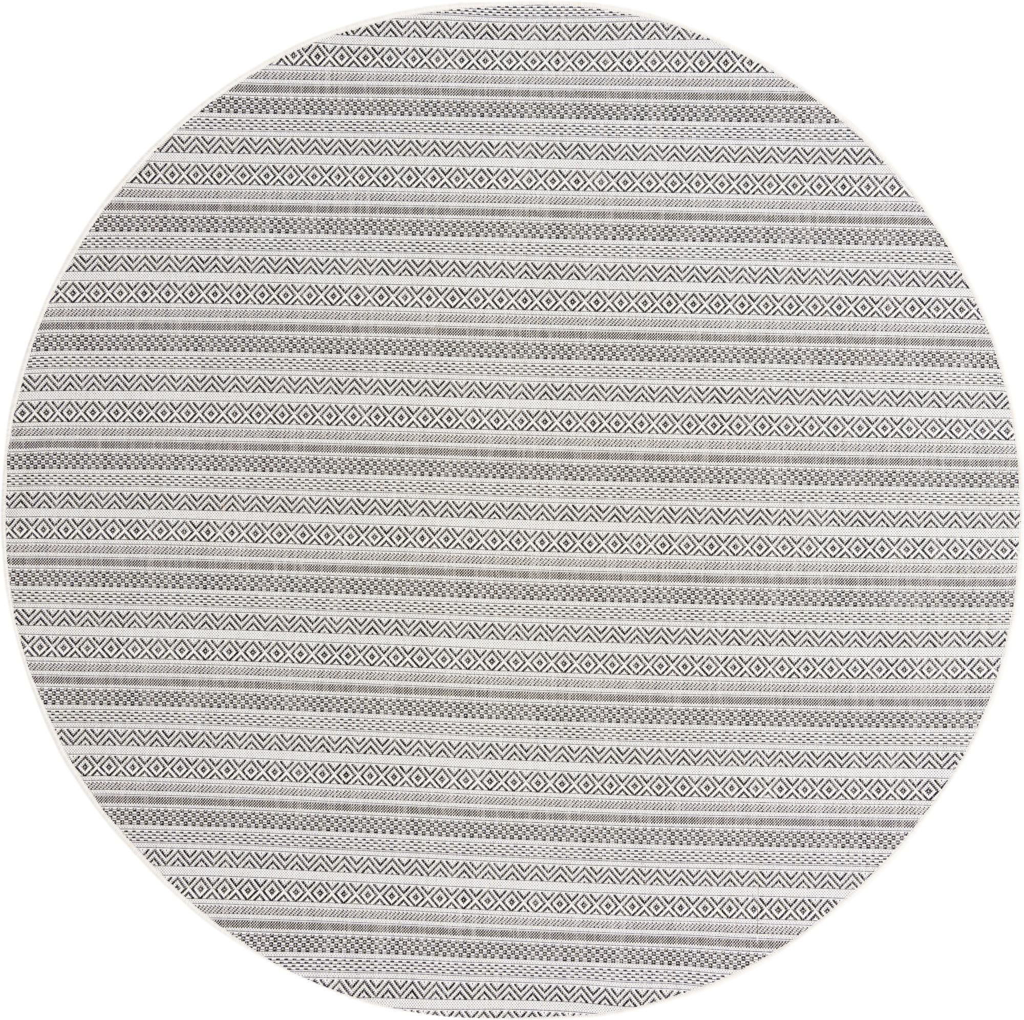 7' 10 x 7' 10 Merlin · Striped geometric Outdoor Rug, beige and black