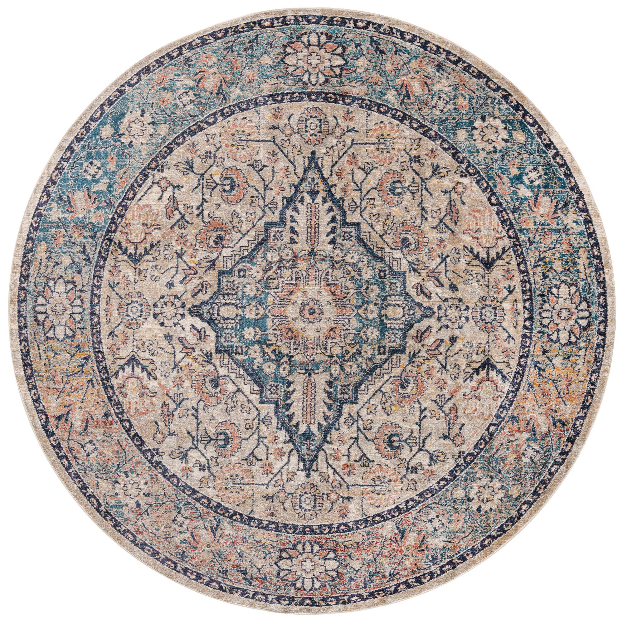 7' 10 x 7' 10 Thane · Medallion rug, blue and rust