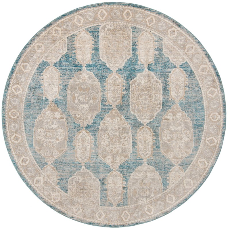 7' 10 x 7' 10 Pullman · Distressed medallion rug, blue and beige