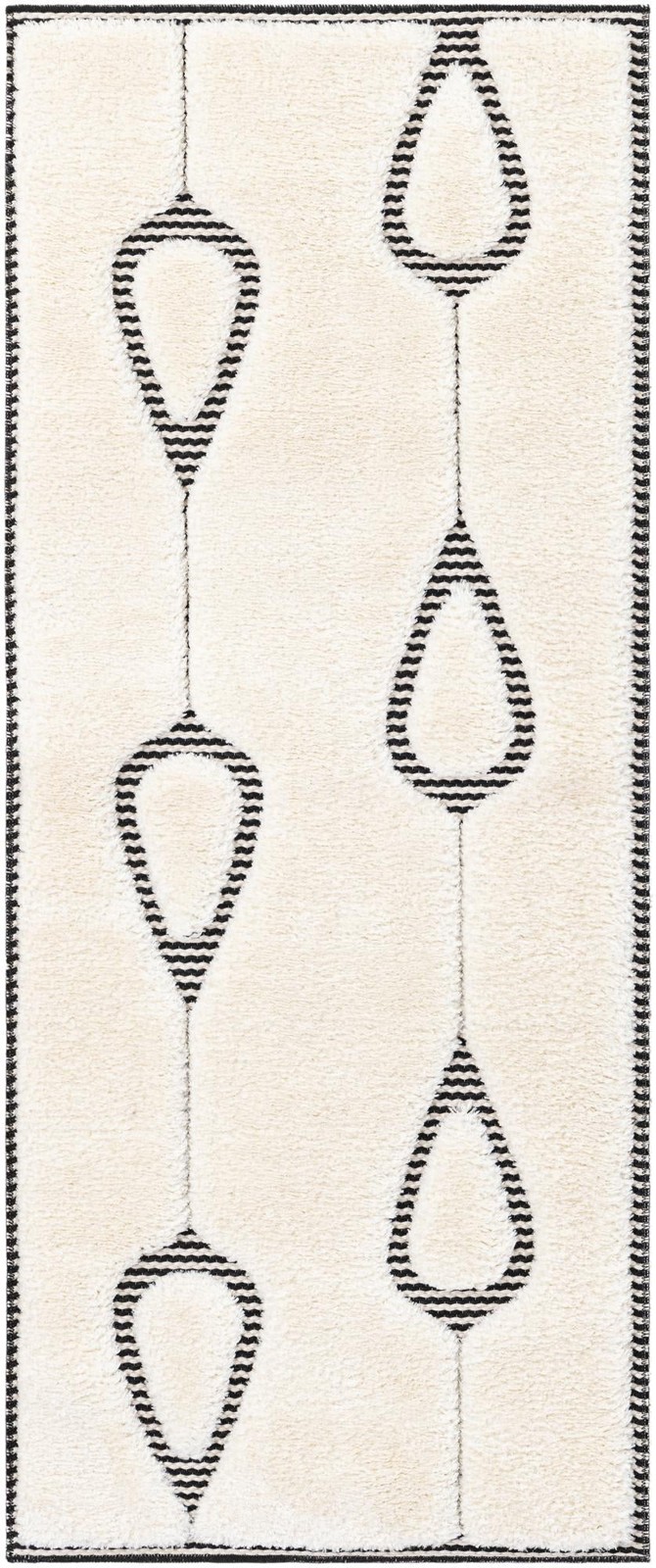 2' x 5' Russell · Geometric teardrop rug, ivory and black