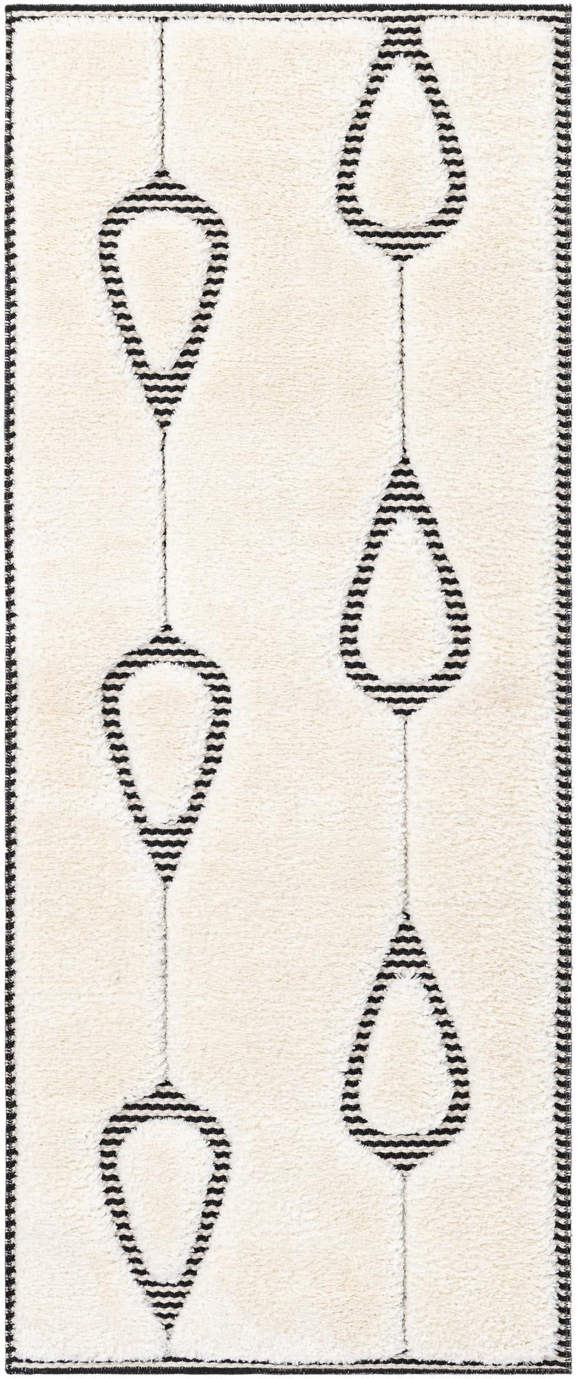 2' x 5' Russell · Geometric teardrop rug, ivory and black