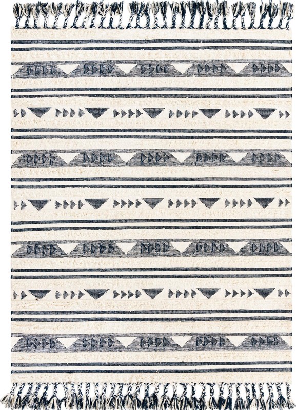 Tolbert · Geometric striped Wool Rug, cream and navy