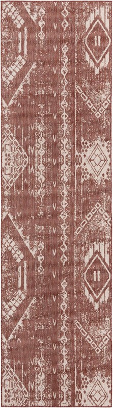 2' 7 x 12' Wildman · Tribal geometric Outdoor Rug, rust and ivory