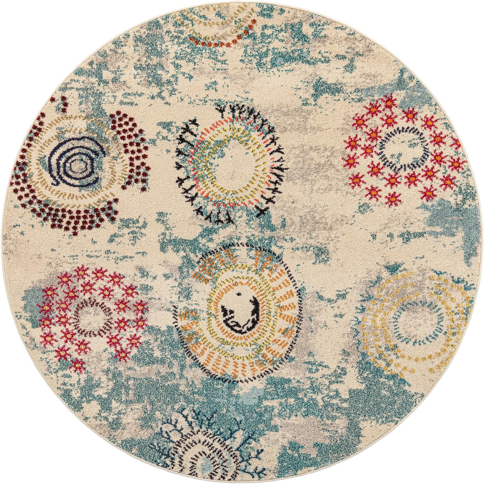 6' x 6' Primrose · Abstract circular Washable Rug, beige and blue