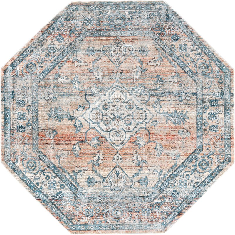 7' x 7' Opal · Medallion rug, blue and terracotta