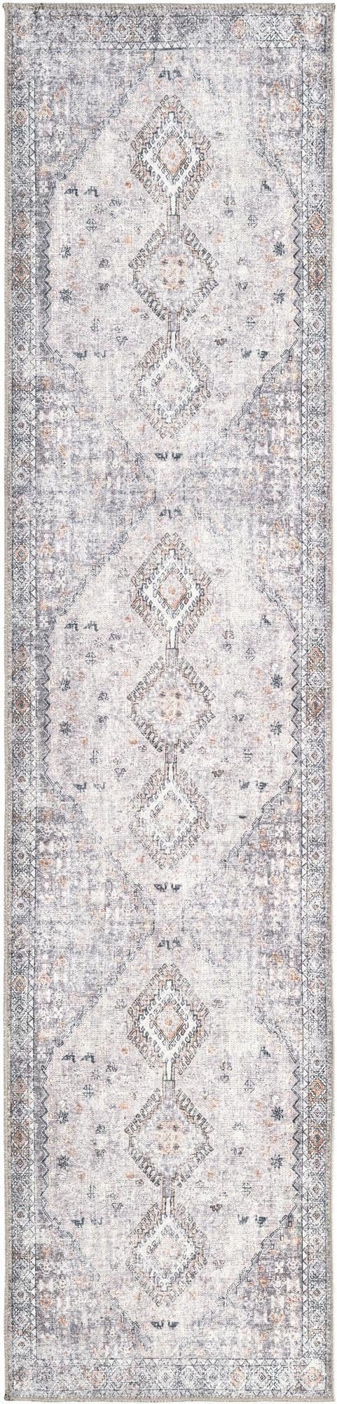 2' x 8' Hodges · Diamond medallion Washable Rug, ivory and gray