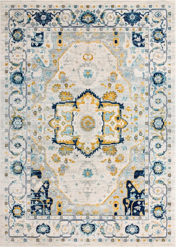 10' x 14' Pierce · Medallion rug, gray, blue and yellow