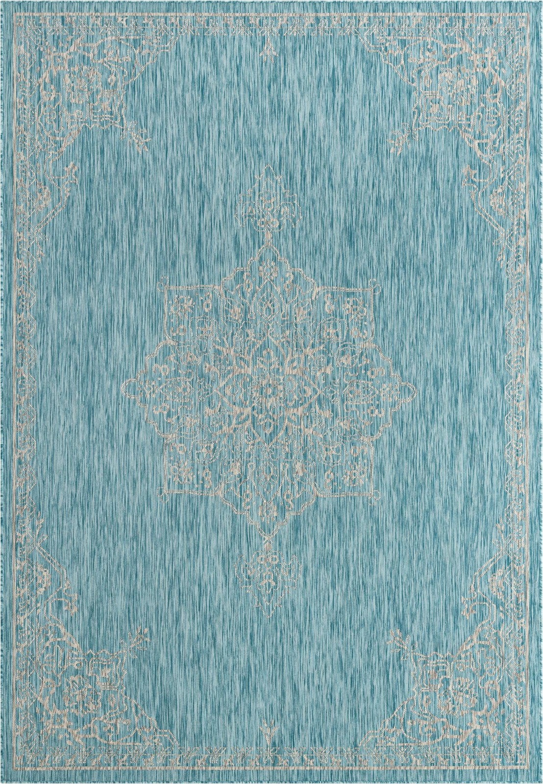 7' 10 x 11' Rhys · Medallion Outdoor Rug, aqua and gray