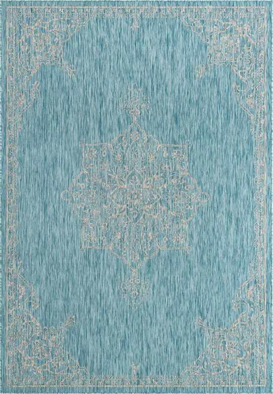 7' 10 x 11' Rhys · Medallion Outdoor Rug, aqua and gray