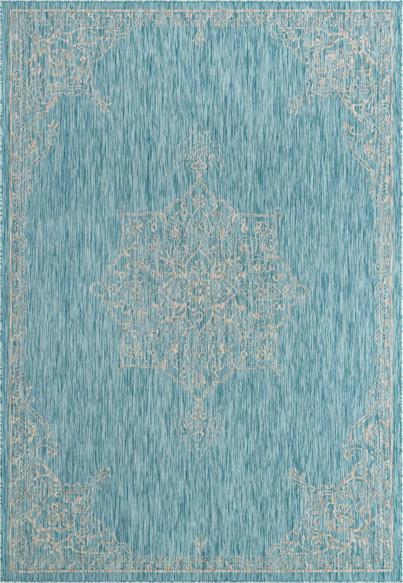 7' 10 x 11' Rhys · Medallion Outdoor Rug, aqua and gray
