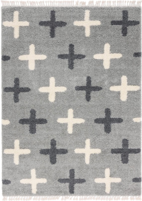 9' x 12' 2 Porteous · Cross pattern Shag Rug, gray and ivory