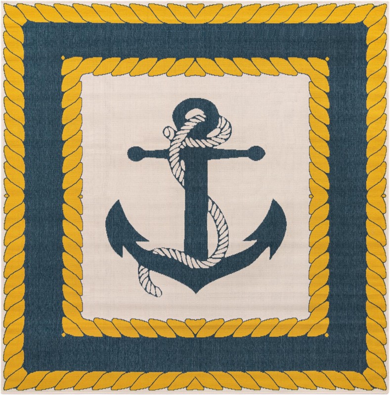 7' 10 x 7' 10 Dewitt · Nautical anchor Outdoor Rug, navy and yellow