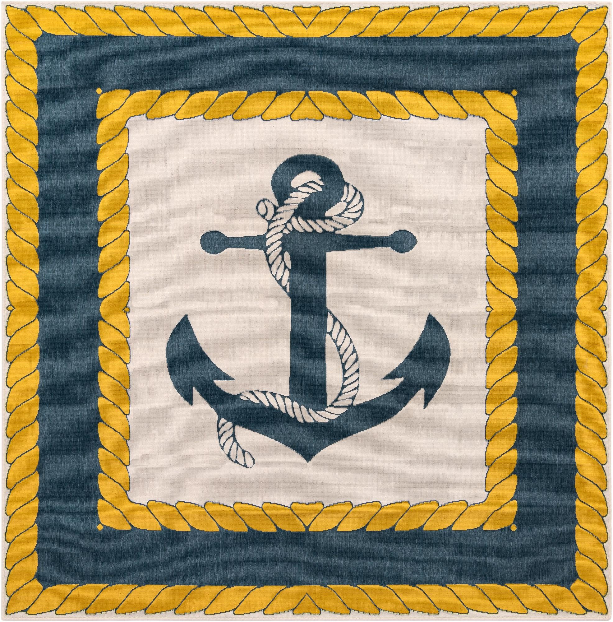 7' 10 x 7' 10 Dewitt · Nautical anchor Outdoor Rug, navy and yellow